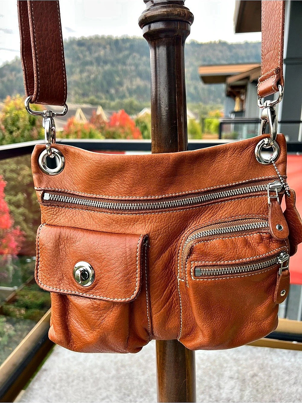 Roots Canada Genuine Leather Crossbody Bag Tan Cognac Silver Hardware Multi-Pock
